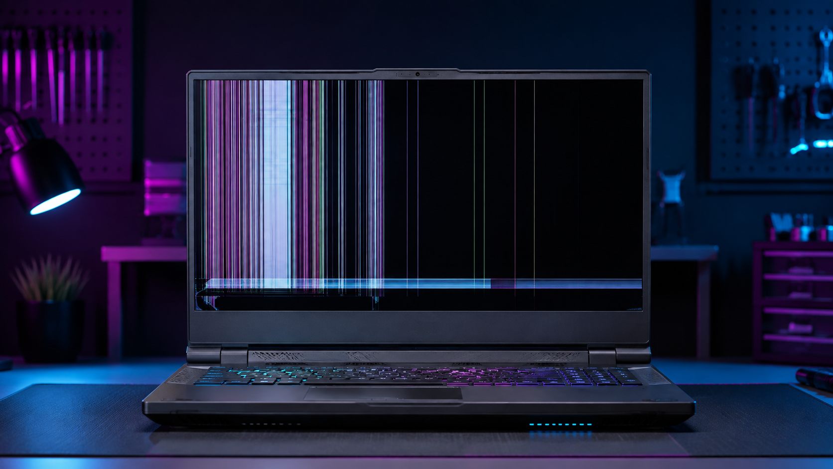 Gaming-Laptop mit Linien und schwarzen Bereichen im defekten Display