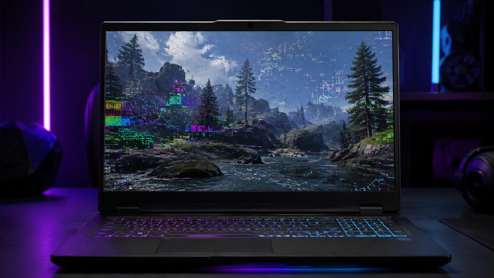 Gaming-Laptop mit sichtbaren Grafikartefakten in einer 3D-Szene