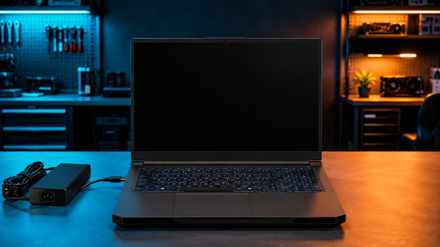 Gaming-Laptop ohne Ladefunktion mit Netzteil neben der Ladebuchse