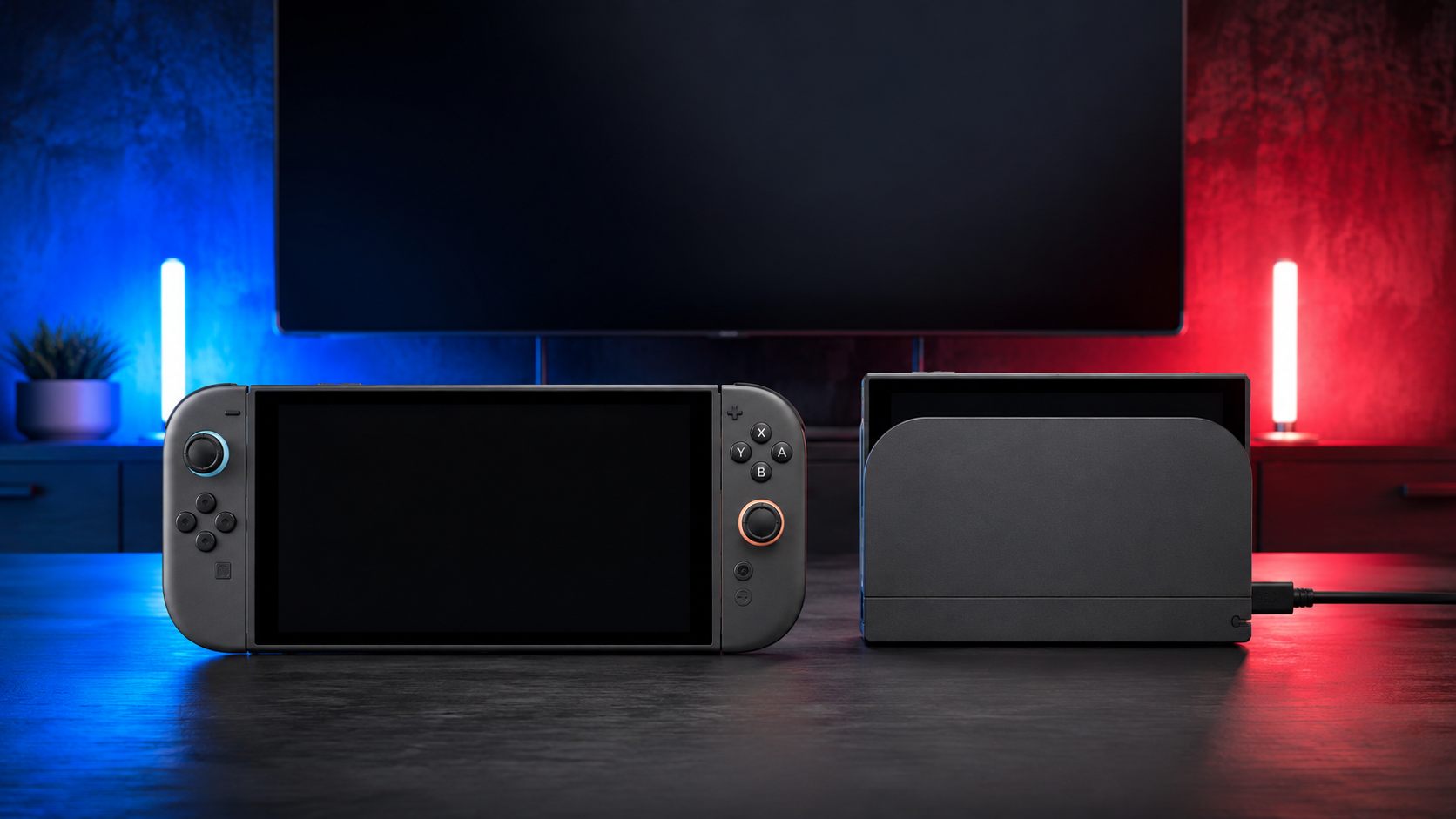 Nintendo Switch 2 mit Dock vor einem Fernseher ohne Bild
