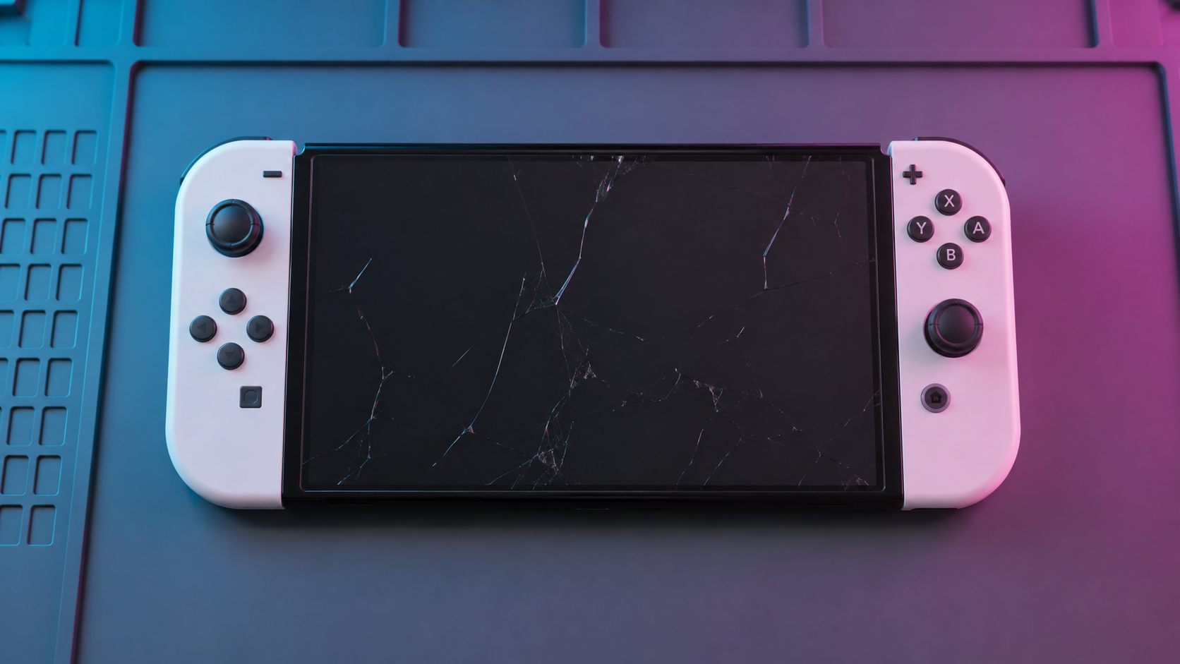 Nintendo Switch OLED mit realistisch gerissenem Display auf einer Prüfmatte