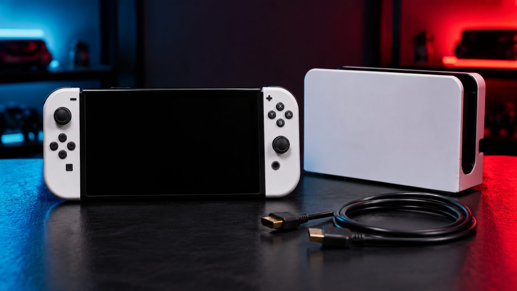 Nintendo Switch OLED mit schwarzem Bildschirm neben Dock und HDMI-Kabel