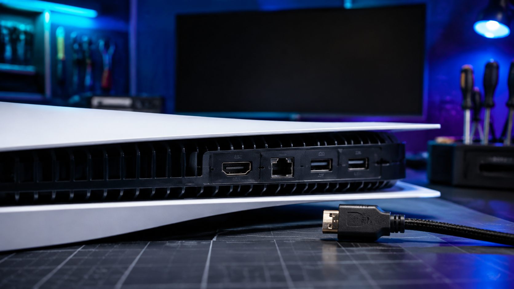 HDMI-Anschluss und Kabel einer PS5 bei der Fehlersuche ohne Bild