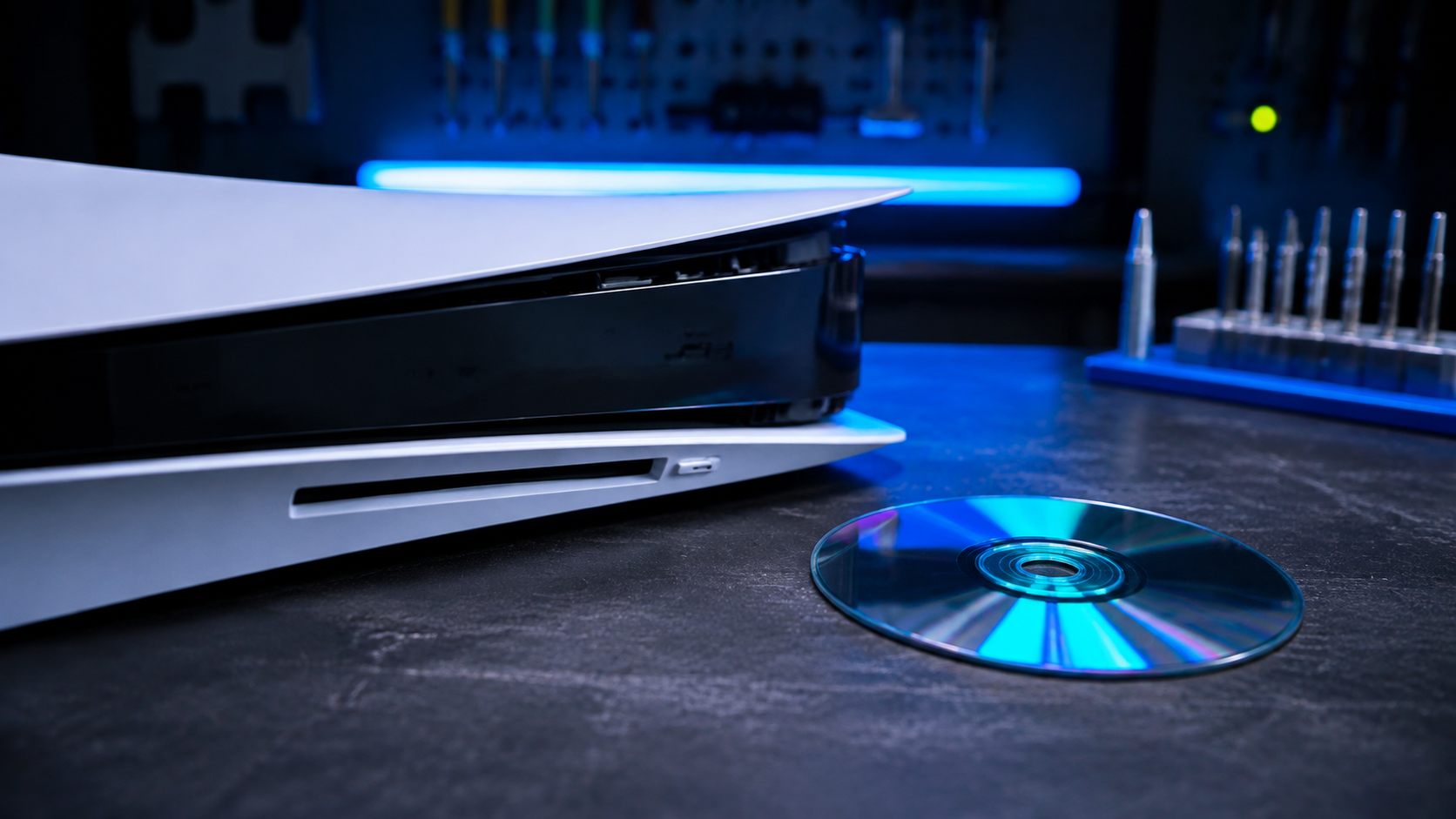Disc und Laufwerksöffnung einer PS5 bei der Fehlerprüfung