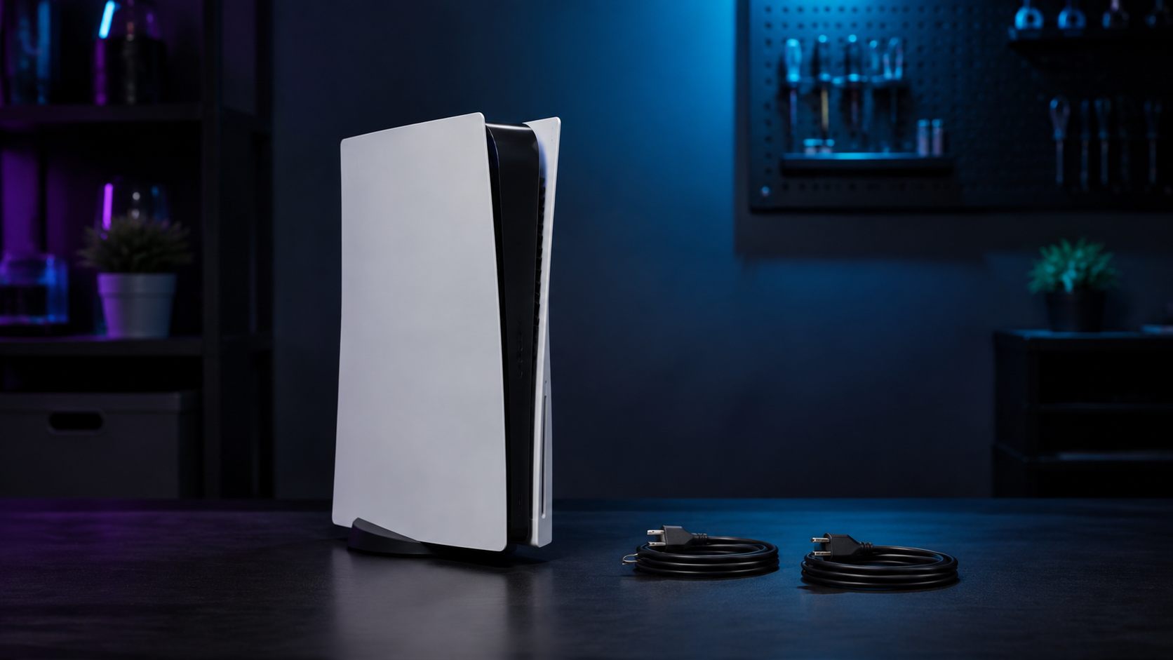 Einzelne PS5 ohne Controller mit ordentlich abgelegten Kabeln