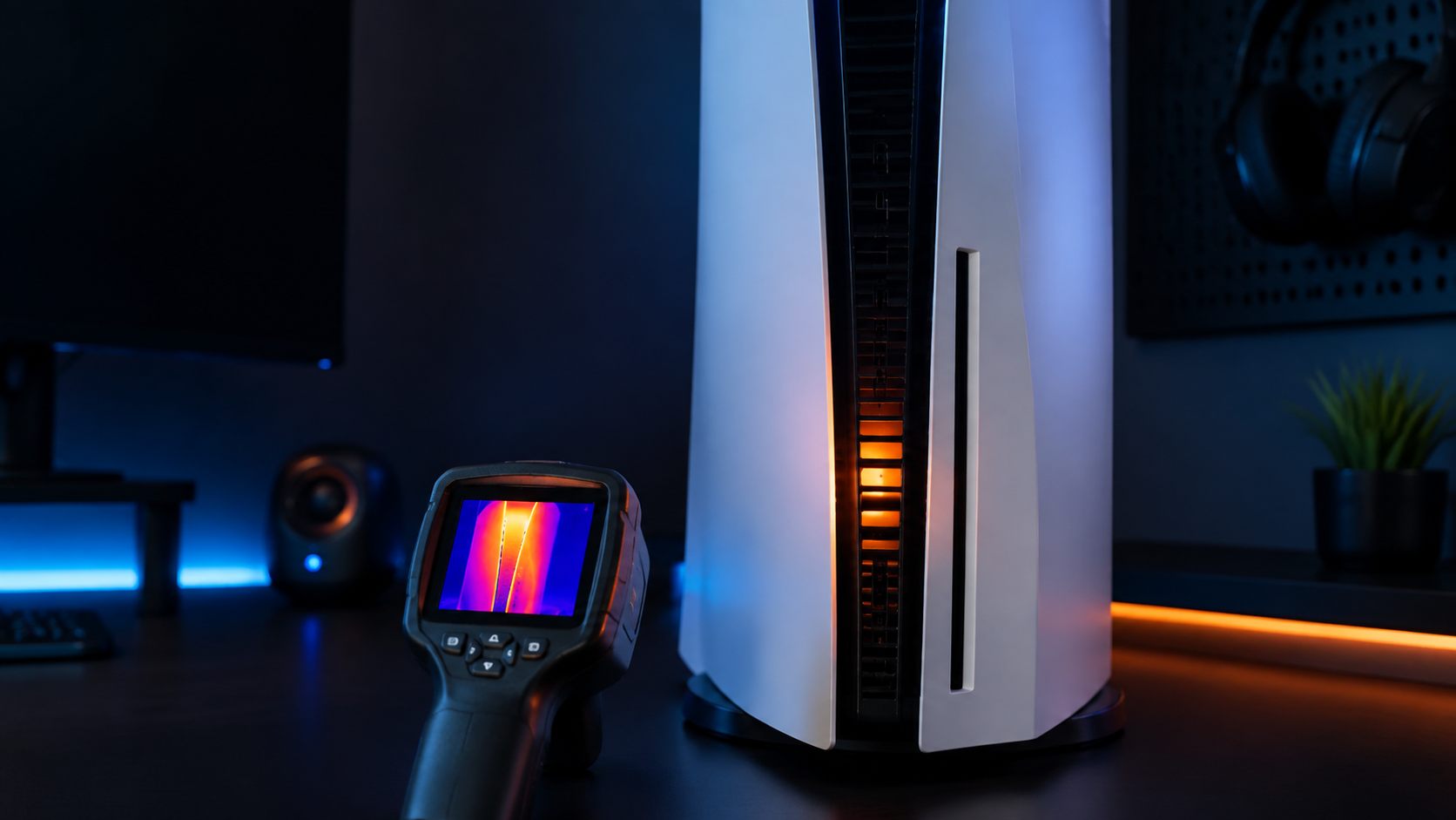 PS5 mit sichtbaren Lüftungsöffnungen bei einer Temperaturprüfung