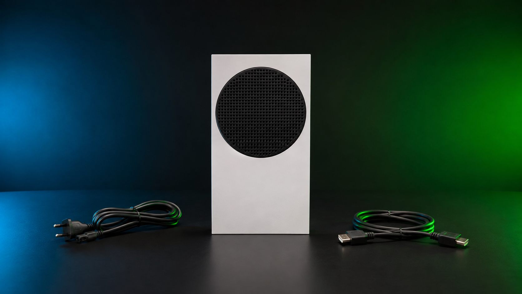Xbox Series S ohne Controller mit Strom- und HDMI-Kabel