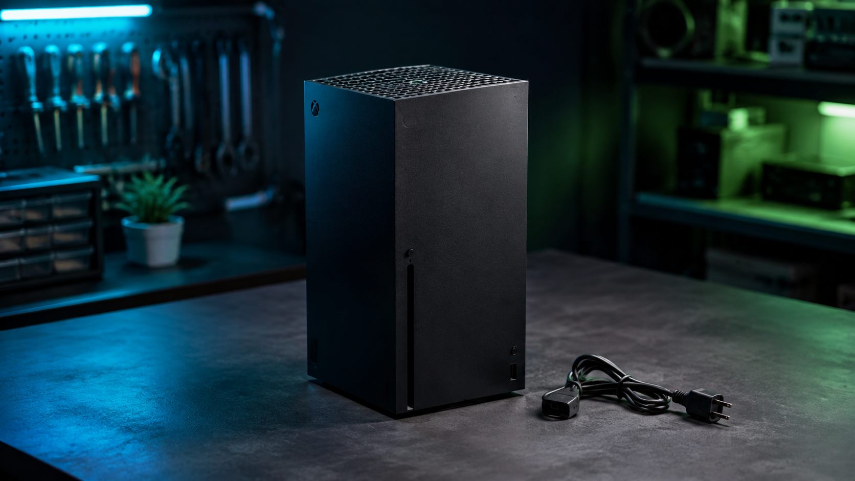 Xbox Series X ohne Strom mit Netzkabel auf einer Prüfwerkbank