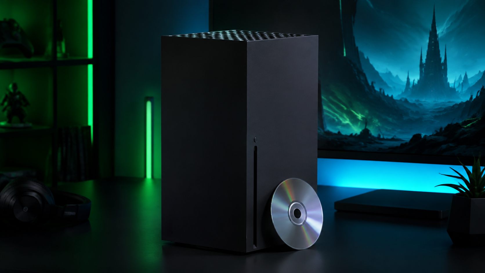 Xbox Series X Disc-Modell mit Spiel-Disc neben dem Laufwerk